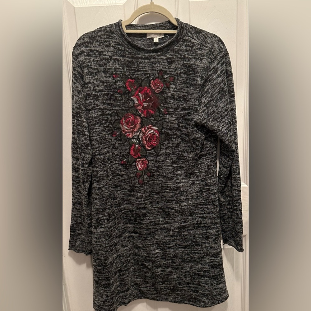 Ultra Flirt Sweater Dress Dark Grey with red embroidered flowers Size XLarge